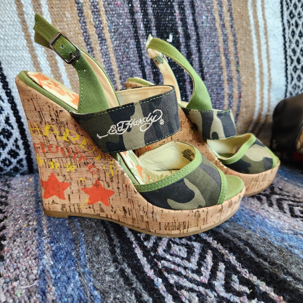Ed Hardy Camo Cork Platform Heels/Wedges